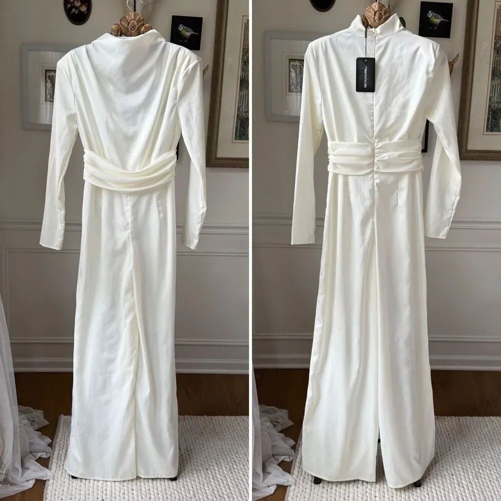 NWT PrettyLittleThing Ivory Satin High Neck Jumpsuit 6
